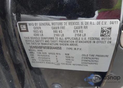 2011 Chevrolet Hhr Lt z USA, uszkodzony, nr VIN 3GNBABFW5BS644058